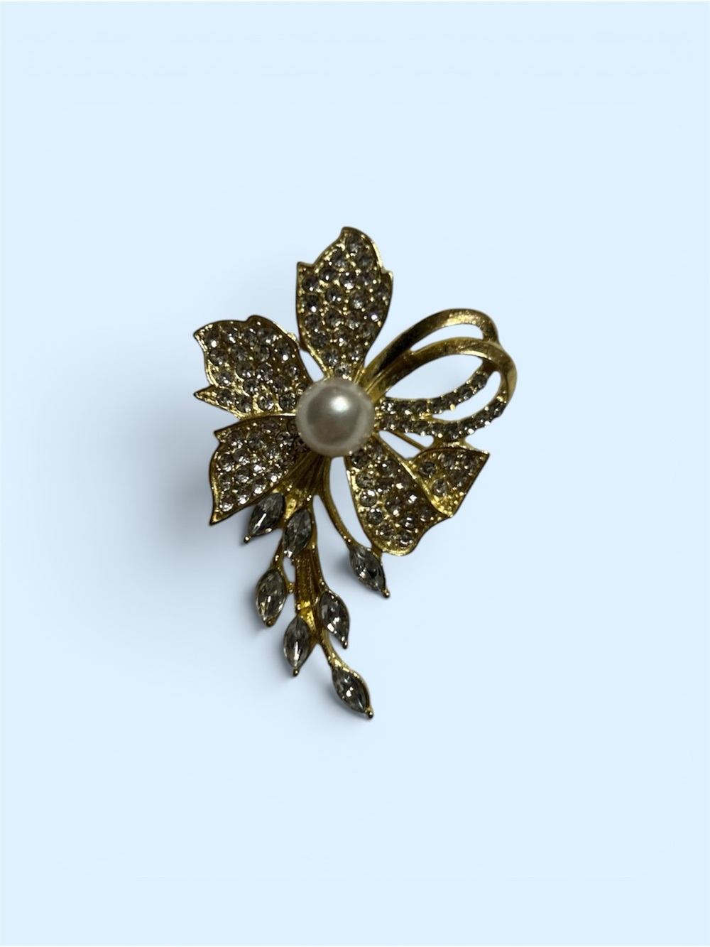 Gold-Tone Floral Pearl & Crystal Brooch - Unbranded